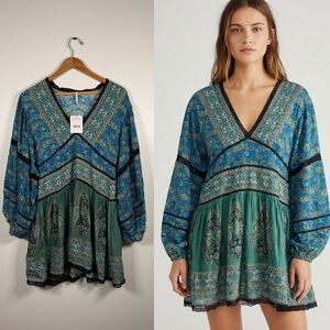 Free People Luna Scarf Print Tunic Blouse Ocean Combo